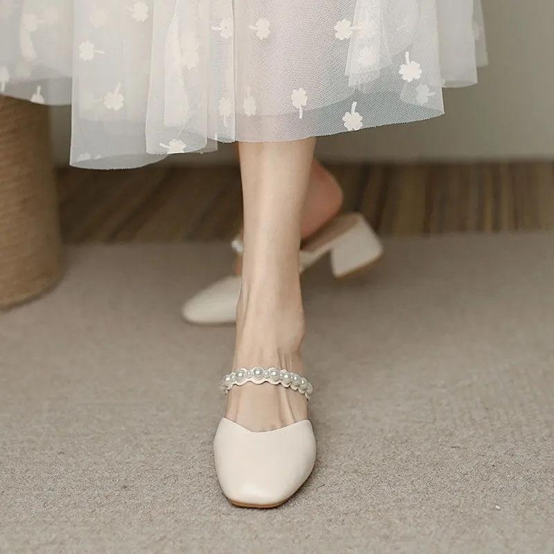 WTEMPO Summer Wrapped Toe Sandals Women's Square Toe Middle Thick Heel Pearl Soft Leather Soft Sole Slippers Fairy Style Comfortable Wear-resistant