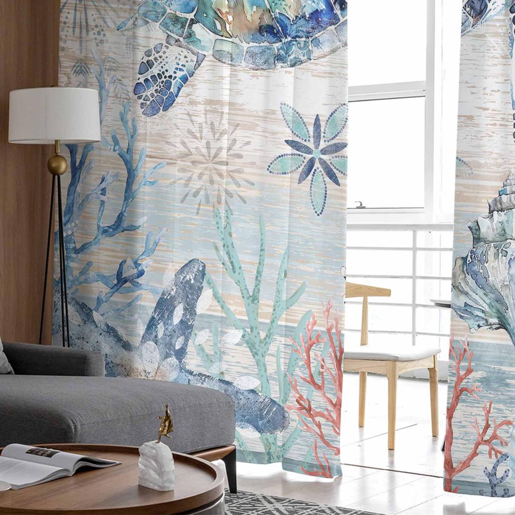 Marine Coral Shell Conch Vintage Blau Holzschildkröte Fenster Tüll Vorhänge für Wohnzimmer Hotel Luxus Dekoration Gardinen