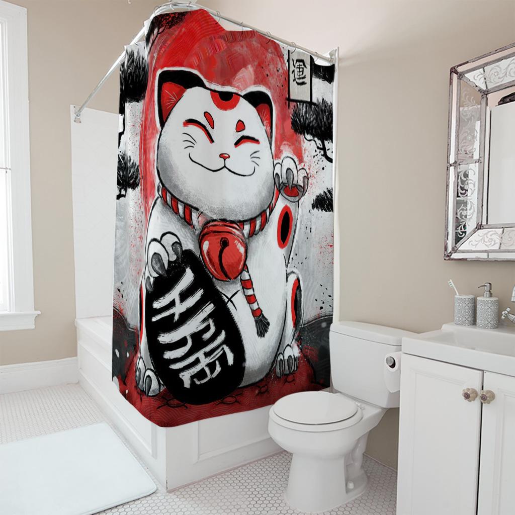Lucky Beckoning Cat Shower Curtain - Creative Japanese Maneki Neko Art - Indoor Home Bathroom Decor Artistic Bath Curtain