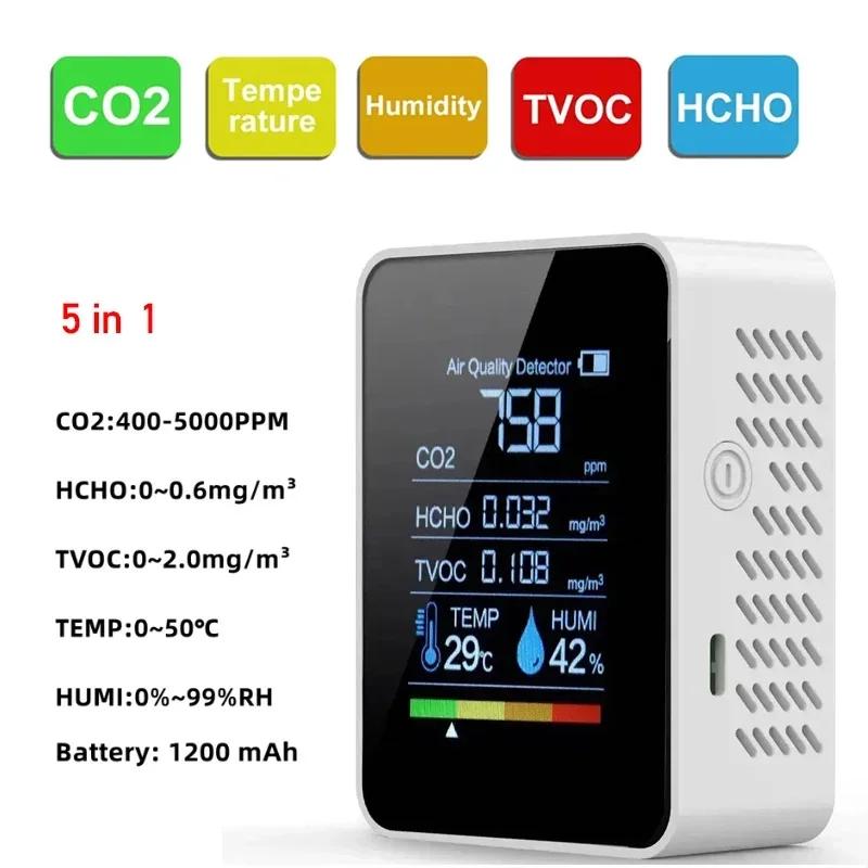 Multifunctional 5in1 CO2 Meter Digital Temperature Humidity Tester Carbon Dioxide TVOC HCHO Detector Air Quality Monitor Gas