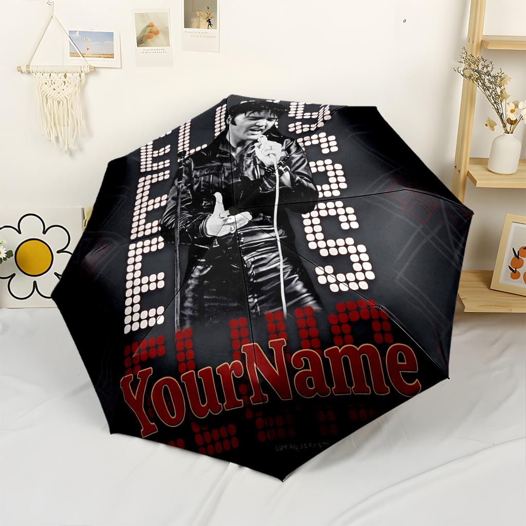 Elvis Personalisierter Textschirm Kompakter Reise-Automatikschirm Kompakt Langlebig 8-Rippen Faltbares Design für den Außenbereich Tägliche Nutzung Modisches Accessoire