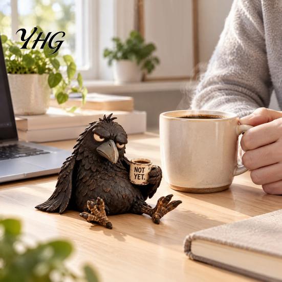 Funny Coffee Cup Raven Figurine with Mug, Resin Crow Statue, Realistic Animal Sophisticated Desk Accessory Ornament for Home Decor, Creative