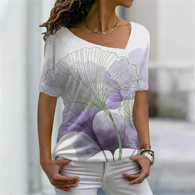 Šikmý límec Květinový Digitální 3D Tisk Harajuku Dámské Tričko Krátký Rukáv Letní Neformální Personalizované Dámské Vrchní Oblečení