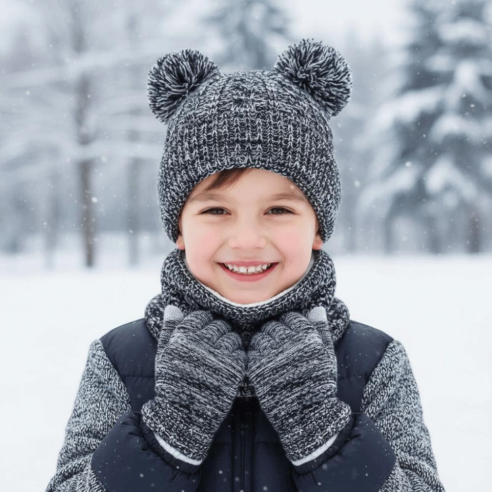 Thickened Baby Hat Scarf Gloves Set Warm Ears Kids Hat Set Fashion Toddler Knitted Hats  Girls