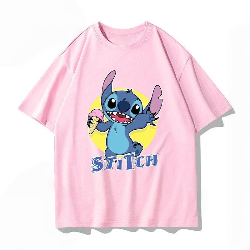 Summer Casual Stitch Fun Print Cotton Comfortable Pink T-shirt Adults Children Parent Child Couple Fashion Loose Sportswear