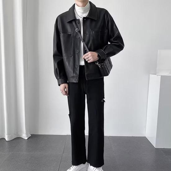 Men Jacket Lapel Long Sleeve Flap Pockets Single-Breasted Jacket Coat Solid Color Loose Fit Waterproof Warm Imitation Leather Jacket