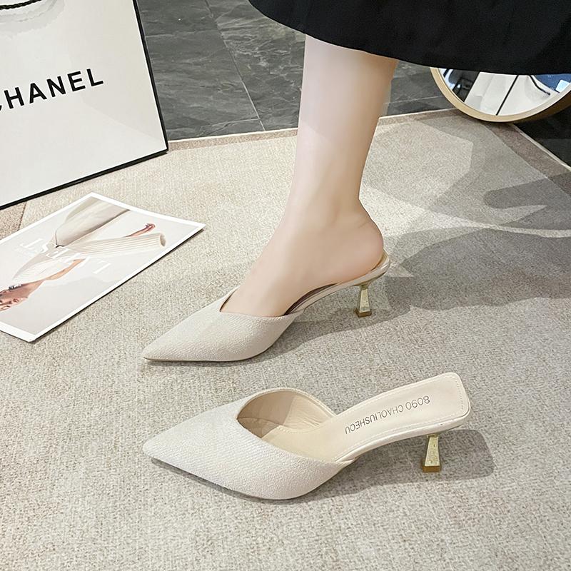 Classic Fashion Slippers for Women Slides Outside Thin High Heels Shoes for Women Solid Leather Flock Square Toe Summer Shoes