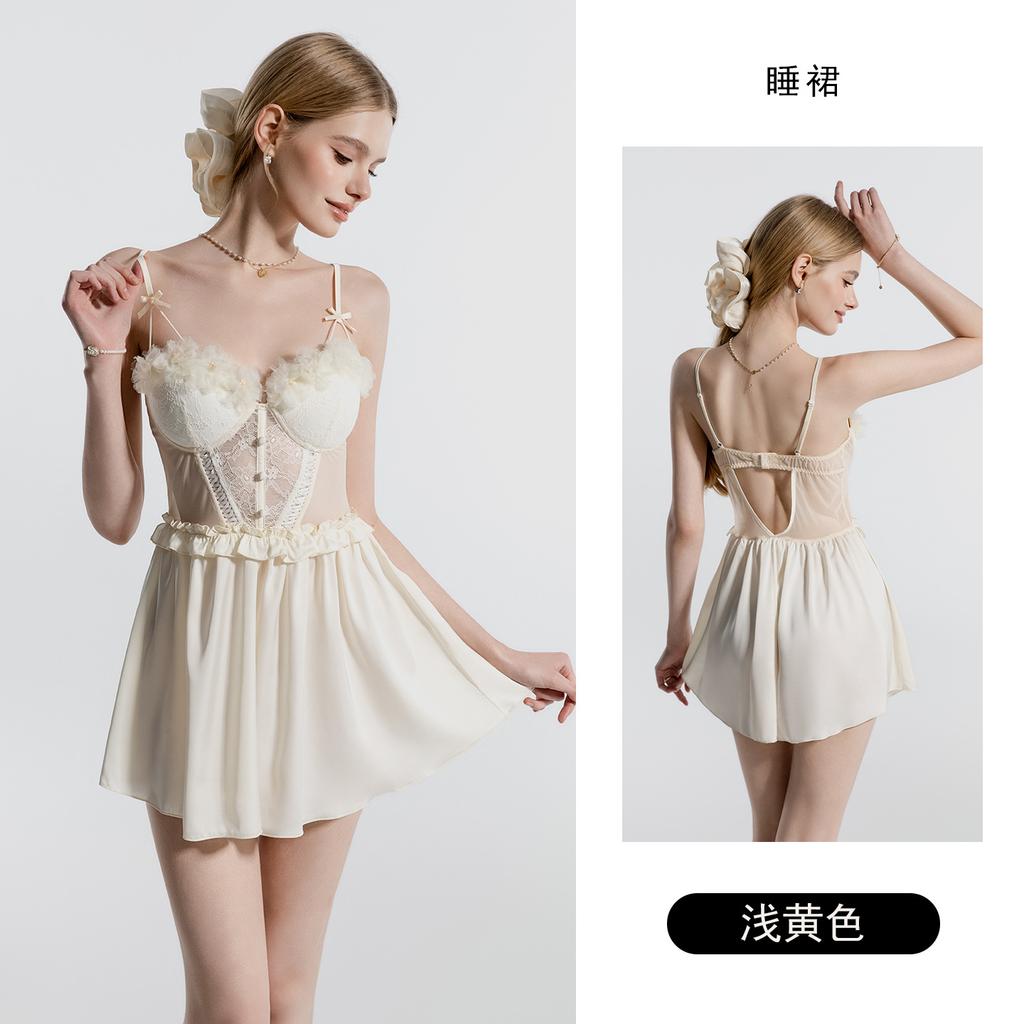 Women's Satin Lace Sheer Cutout Padded Backless Cami Sleep Dress with Robe Lounge Set