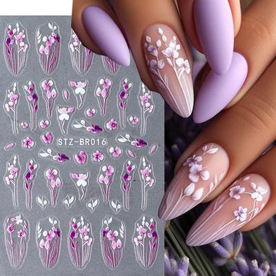 Adesivi per Unghie Fiori Glicine Viola 5D Margherita Fiori di Ciliegio Petali Foglie Farfalla Primavera Estate Slider Decorazione Manicure