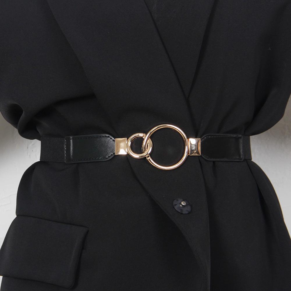 Women s Fashionable Leather Belt with Round Buckle, Versatile for Skirts, and Elastic Waistband. чёрный