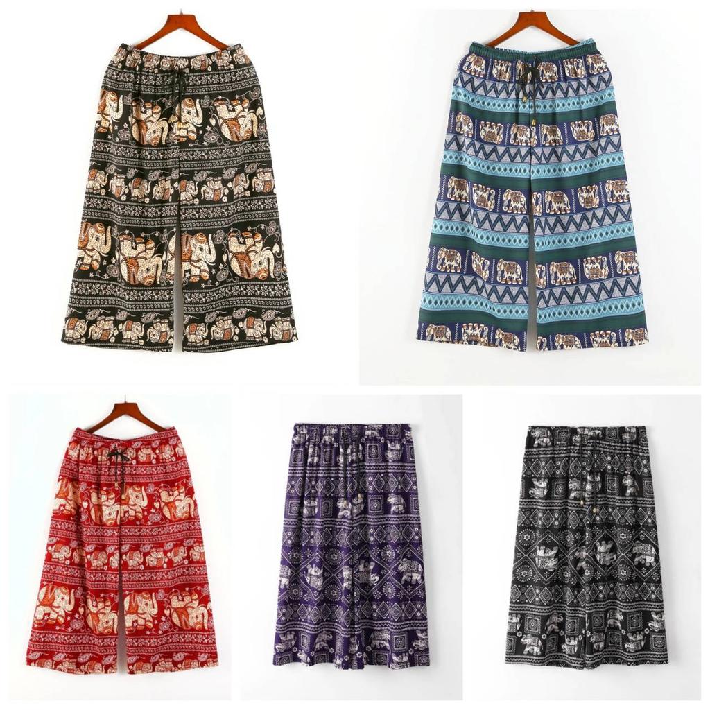Elephant Pants Loose Legs Adjustable Elastic High Waistband Strap Rope Women Men Unisex Print Thailand Casual Streetwear Beach Bohemian Retro Vintage