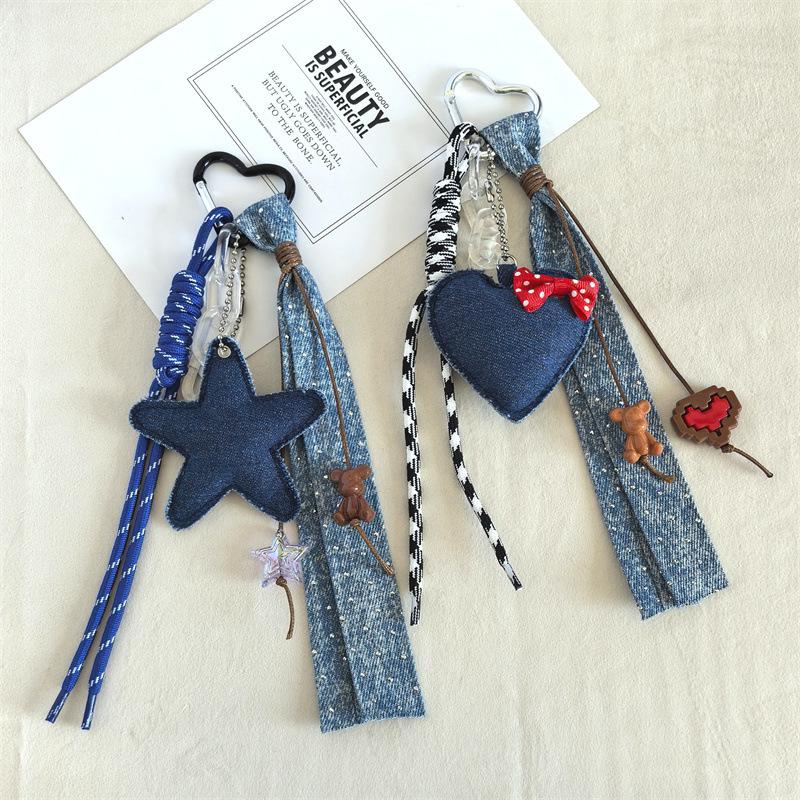 Portachiavi Pendente Laccio Intrecciato a Forma di Cuore Stella a Cinque Punte Stile Denim Creativo Trendy e Cool Pendente per Borsa Stile Ins