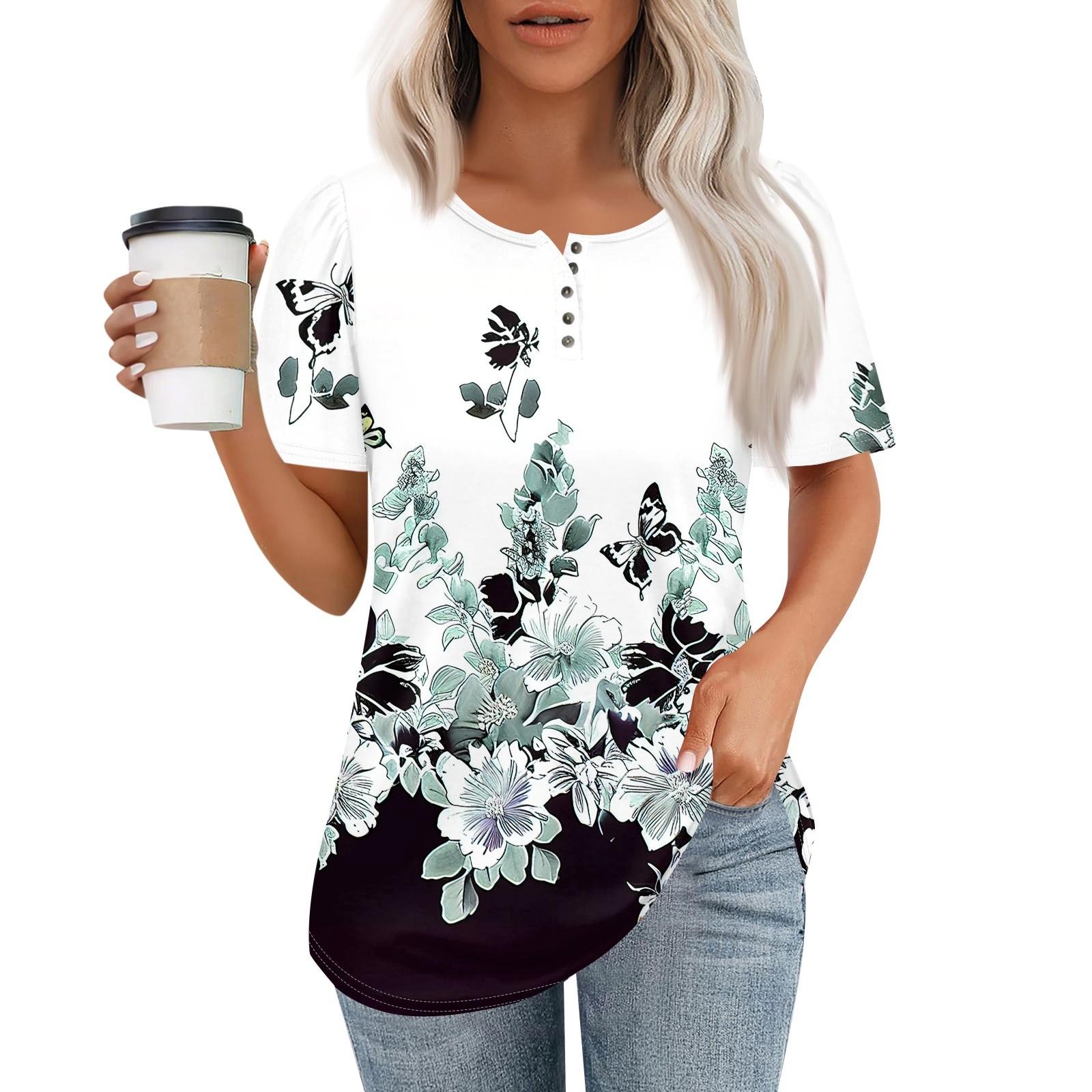 

Женский модный повседневный короткий рукав пуловер с принтом на пуговицах и круглым вырезом XXL