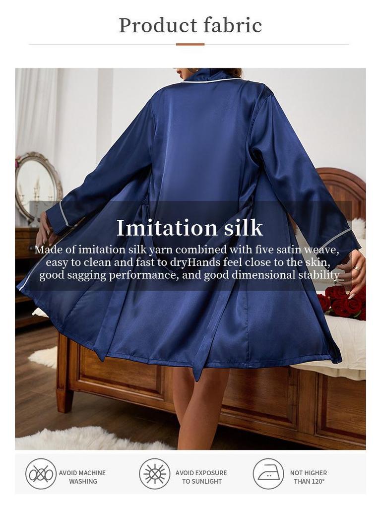 Pijama și halat de baie din mătase de gheață pentru femei - Mânecă lungă, cu șnur, modă casual