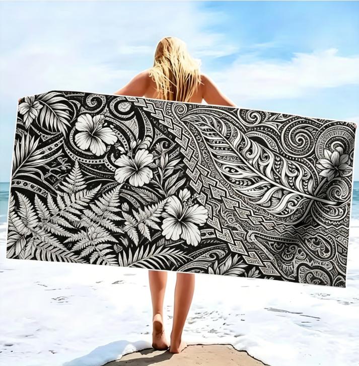 Maori Tribal Feather Beach Towel, Microfiber Sand Free Quick Dry Black & White Polynesian Print Soft Absorbent for Summer & Pool