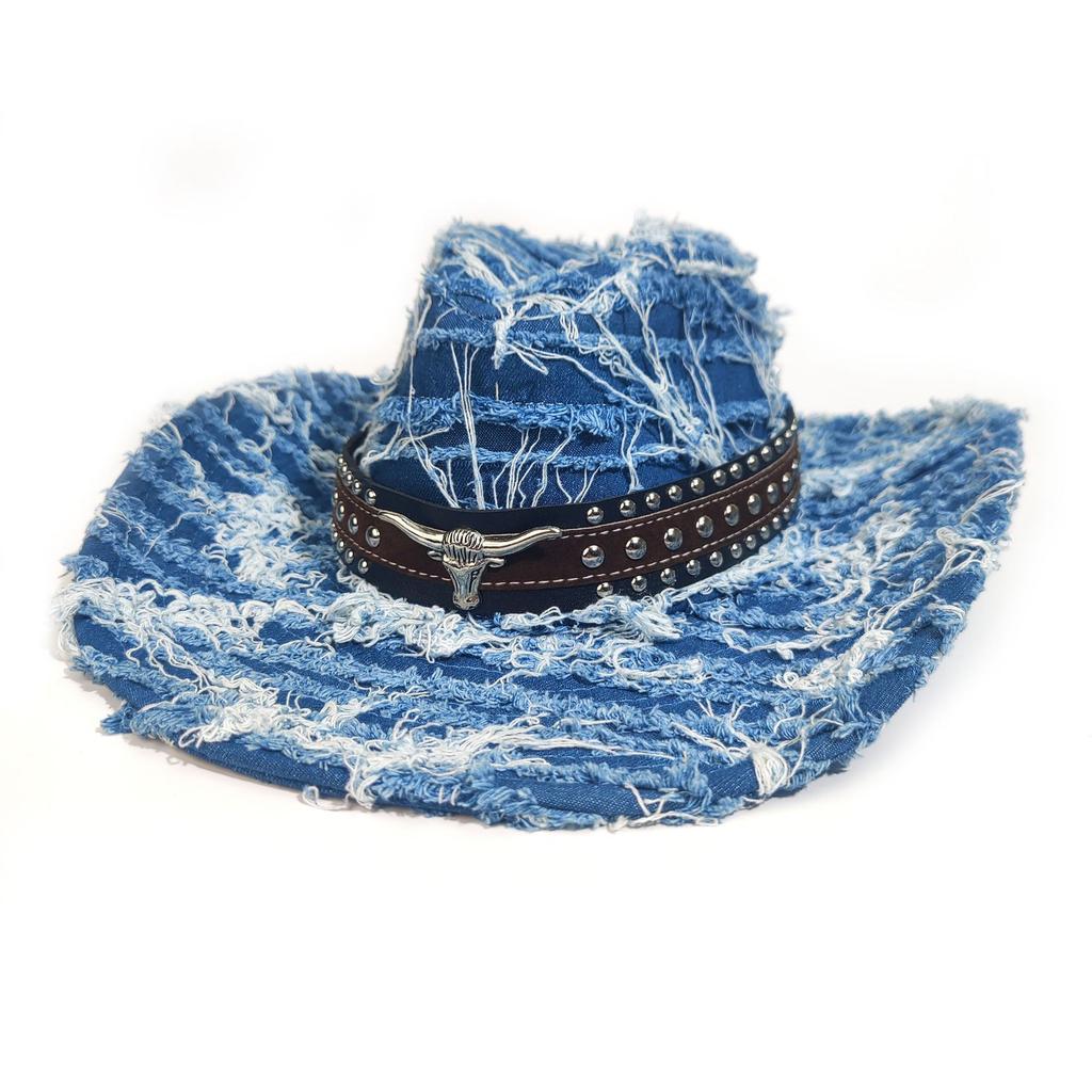 European and American Women's Ripped Western Cowboy Hat Washed Denim Jazz Top Hat Outdoor Travel Sun Protection Hat