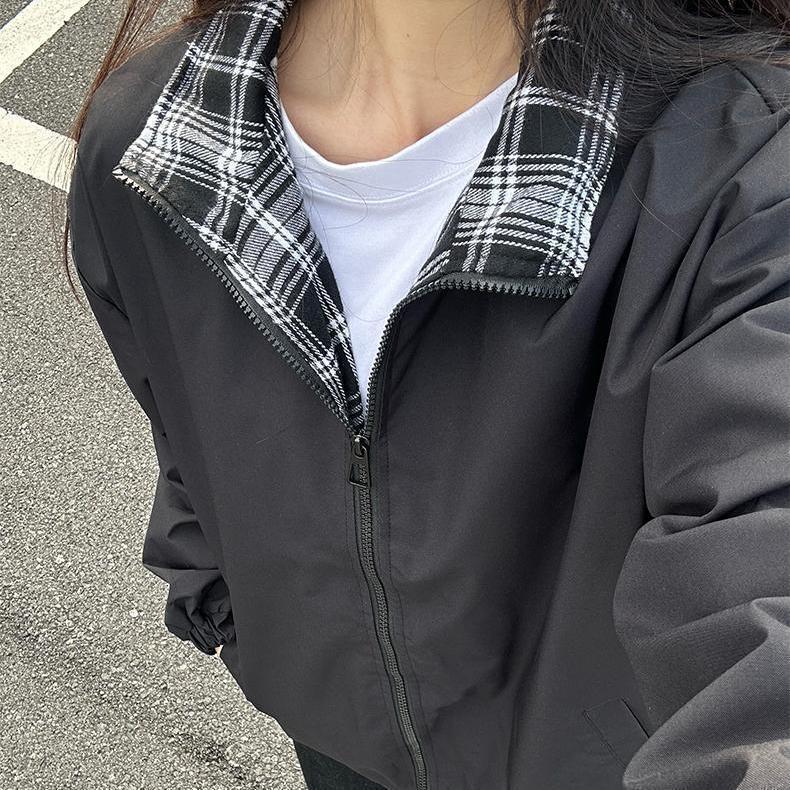

Unisex Double-Sided Plaid Jacket: Trendy Japanese Design, Loose Fit, Stand Collar, Casual American Style, Perfect for Couples Large
