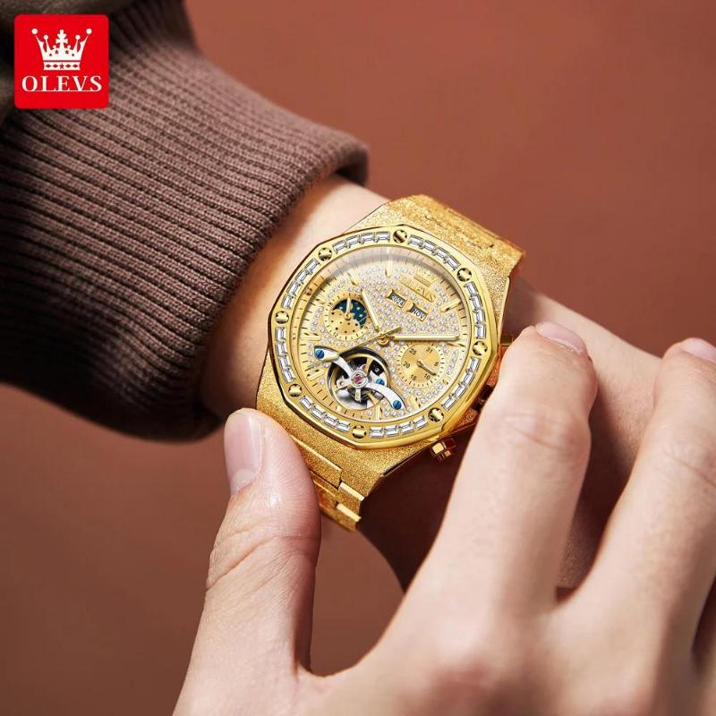 OLEVS Ay Evresi Krono Lüks Saat Elmas Otomatik Erkek Saatleri Zımparalanmış Çelik Kordon İskelet Volan Mekanik Kol Saati