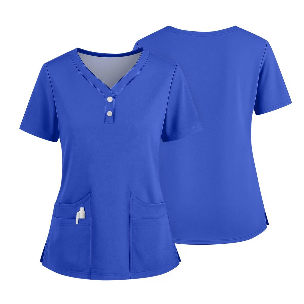 Women's Short Sleeved Solid Color V-neck Buttonable Side Slit Top T-shirt