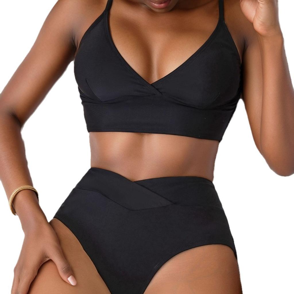 Solid Deep V Backless Sexy Bikini Set Elegant Comfortable Two Piece Swimwear