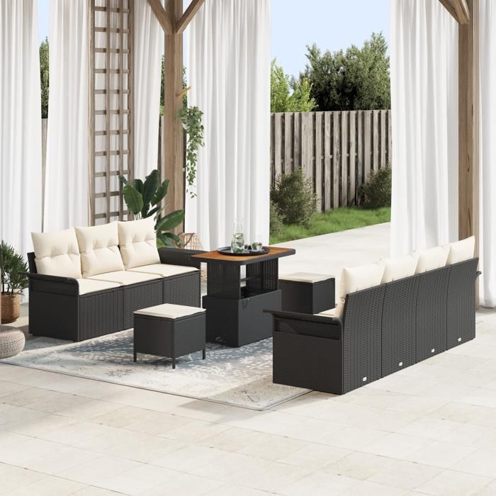 Ensemble de Canapé de Jardin vidaXL 10 Pièces Avec Coussins Noir Rattan Poly Acacia 3364050
