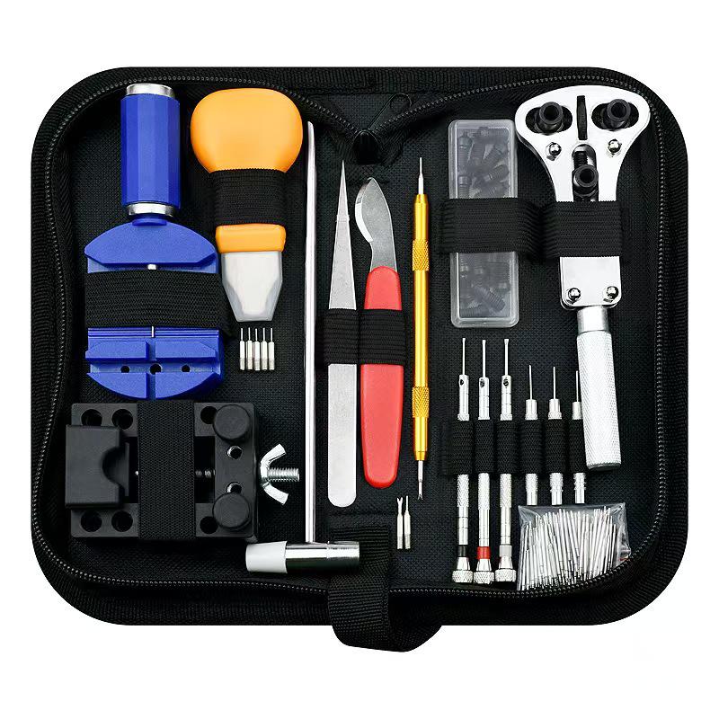 Watch Repair & Maintenance Tool Set with Disassembly Tools, Battery Replacement, and Cloth Bag.