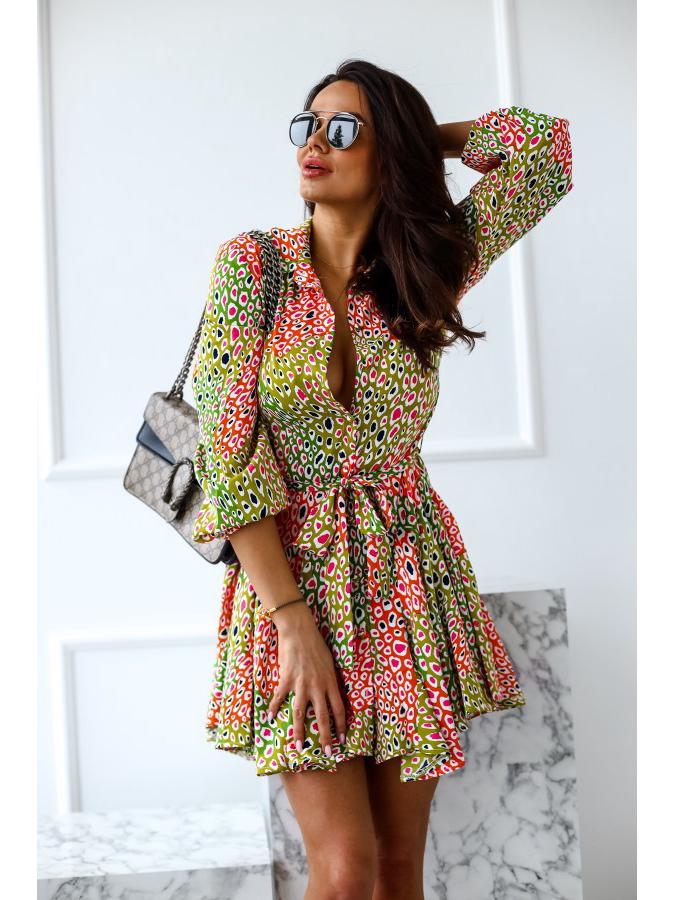 

Seven-Sleeve Printed Waist-Gathering Shirt Dress 2XL