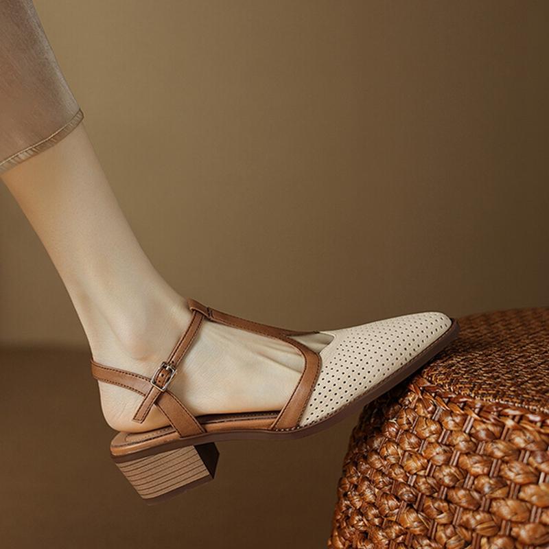 Fashion NEW Summer Women Sandals Split Leather Shoes for Women Simple Pointed Toe Chunky Heel Shoes Cover Toe Slingback Designer Sandals