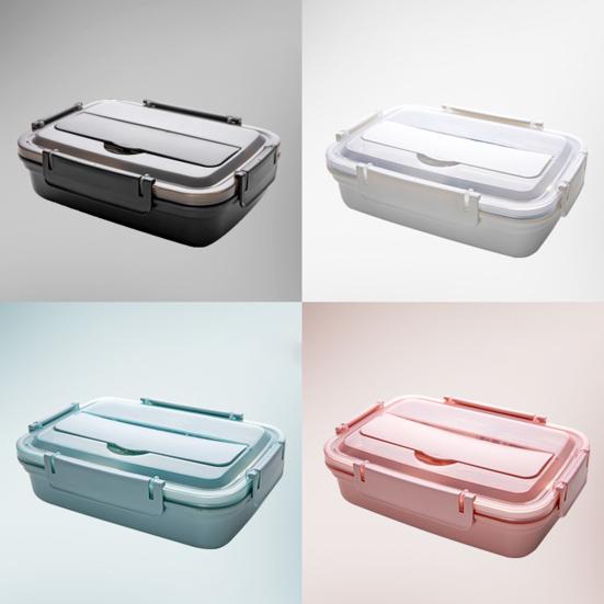 Obědový box z nerezové oceli s vnitřní nádobou 3/4 přihrádkami, nepropustný bento box s hůlkami, lžičkou, držákem na mobilní telefon