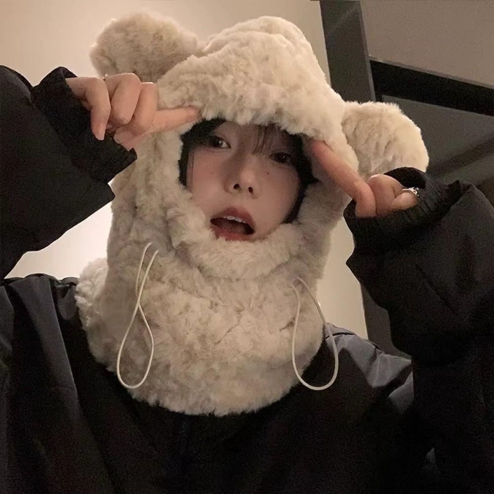 Keep Warm Bear Ears Beanies Hat Plush Hooded Scarf Pullover Hat Kawaii Mask Skullies Set  Riding