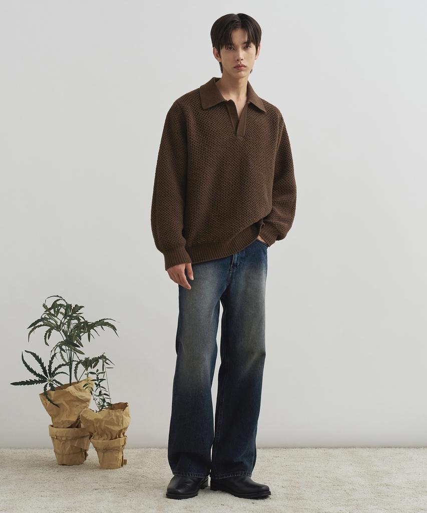 DRAW FIT Oversized Pique Waffle Knit [Brown]