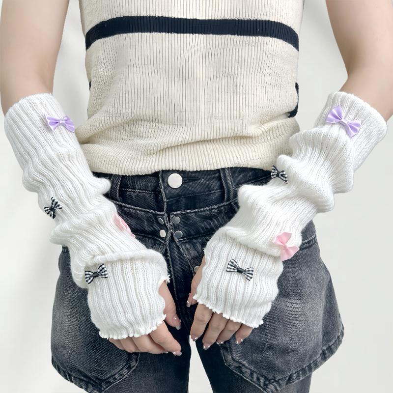 Sweet Cute Fur Bowknot Fingerless Gloves Girl Cosplay Sleeves Arm Sleeves Wool Knitted Sleeves