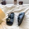 Fashion Black Soft Leather PU Flat Sandals Women Fashion Metal Buckle Slide Slippers Summer Light Non-Slip Beach Shoe Sandalias De Mujer