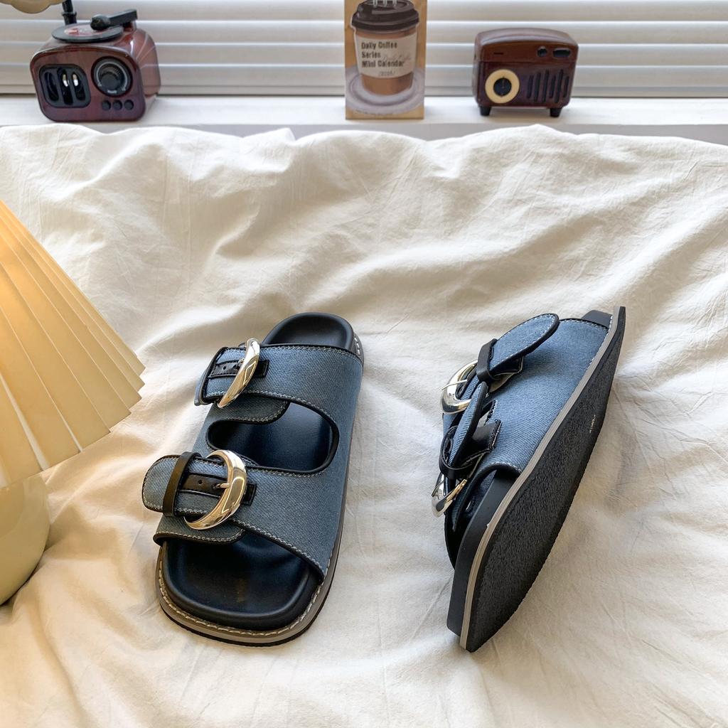 Fashion Black Soft Leather PU Flat Sandals Women Fashion Metal Buckle Slide Slippers Summer Light Non-Slip Beach Shoe Sandalias De Mujer