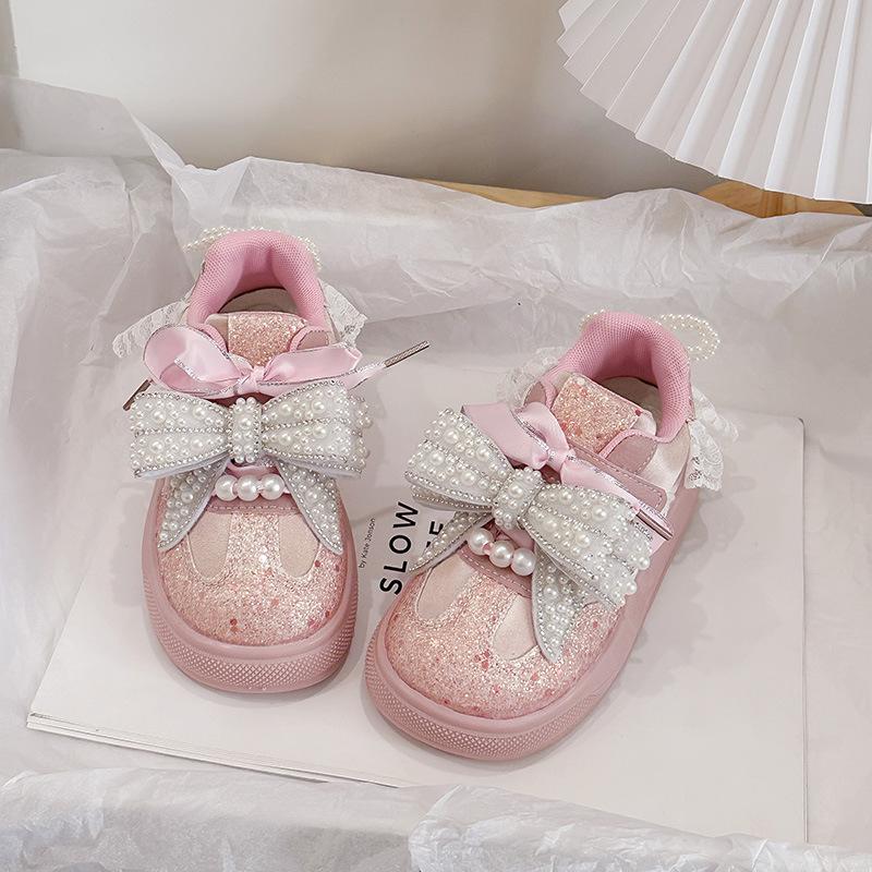 

Girls Crystal Sequin Casual Shoes2026New Spring/Summer Lace Pearl Big Bow Princess Sneakers 26Inner Length16CM розовый