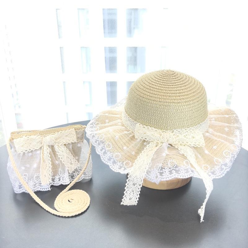 

1set Spring-Summer Children s White Ribboned Net Scarf Hat + Bag Sunscreen Set summer hats for women cap bucket hat women бежевий