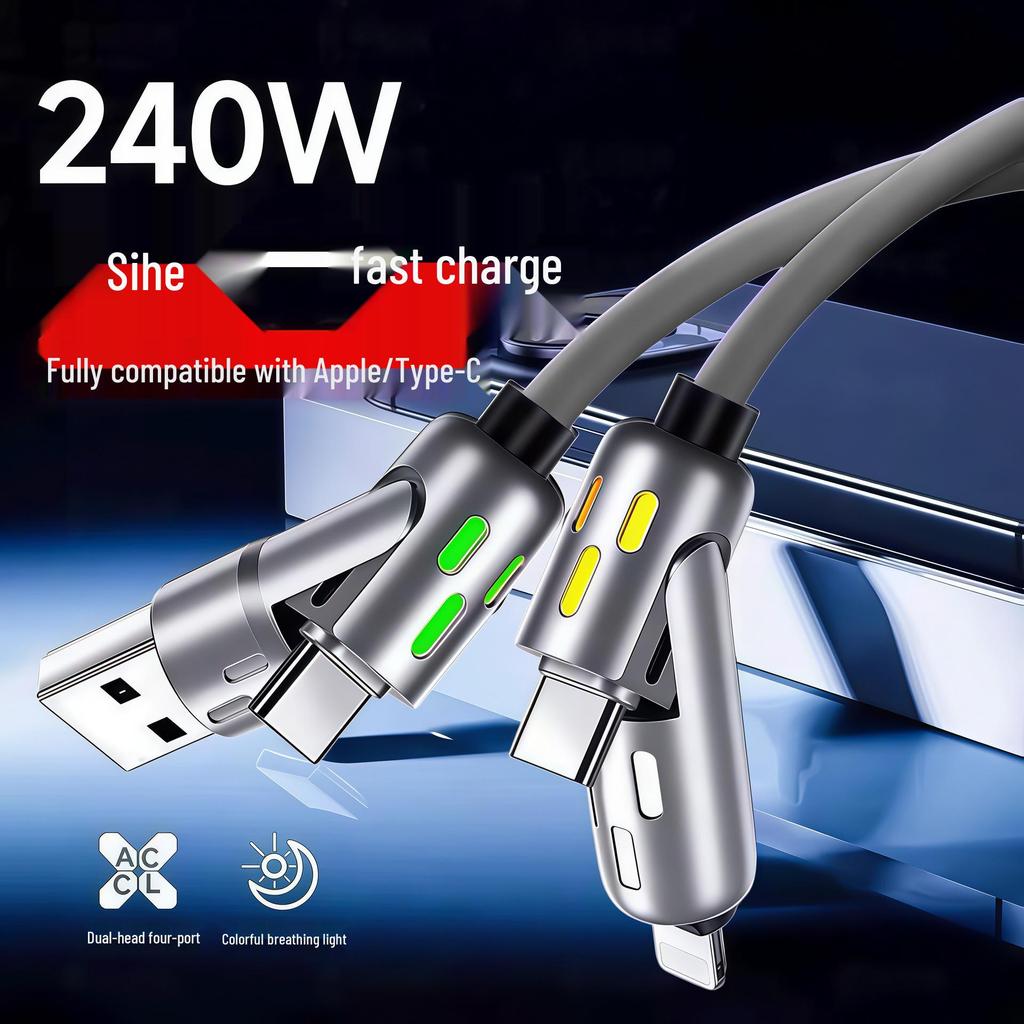 PD3.1 4-in-1 6A Fast Charging Cable with Dual-Light, Compatible with Apple, Type-C, Huawei, and Car Chargers.