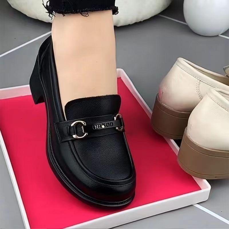Soft Leather Single Shoes Women's Spring and Autumn 2025 New Round Head Thick Heel Medium Heel Women's Shoes Soft Sole Foot British Loafers