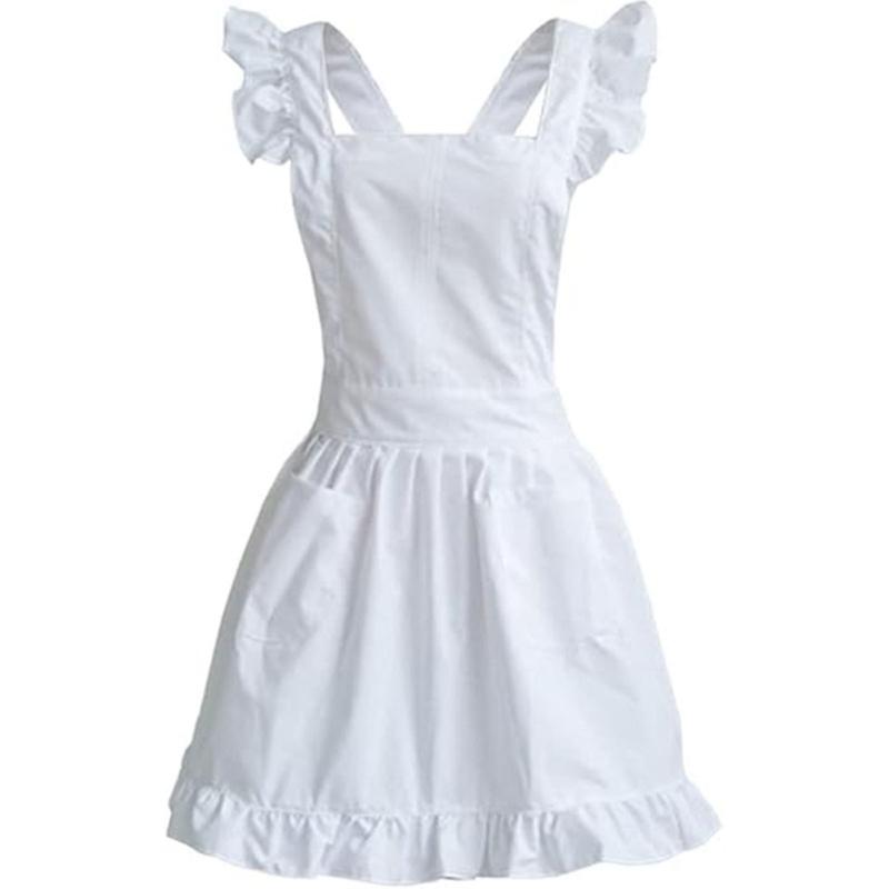 Women Ruffled Apron with Pocket Cotton Apron Pinafore Dress Ruffle Maid Apron Kitchen Cooking Apron for Baking Gardening