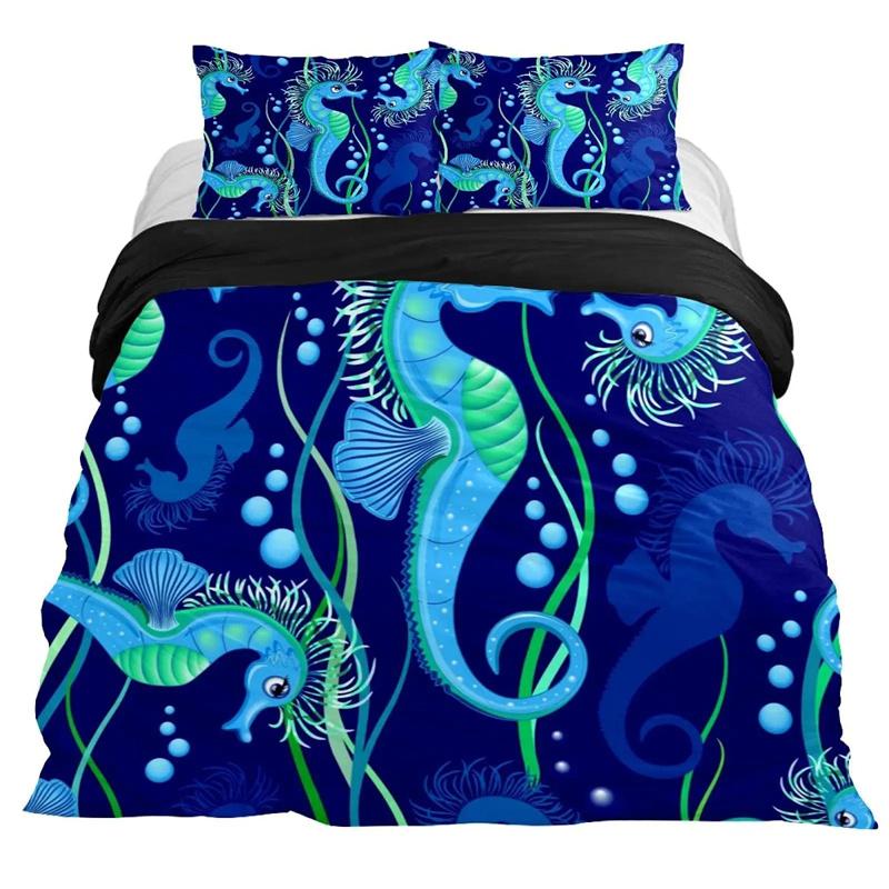 Seahorse Duvet Cover Marine Ocean Animal Print Bedding Set Mediterranean Teal Theme for Kids Women Gifts
