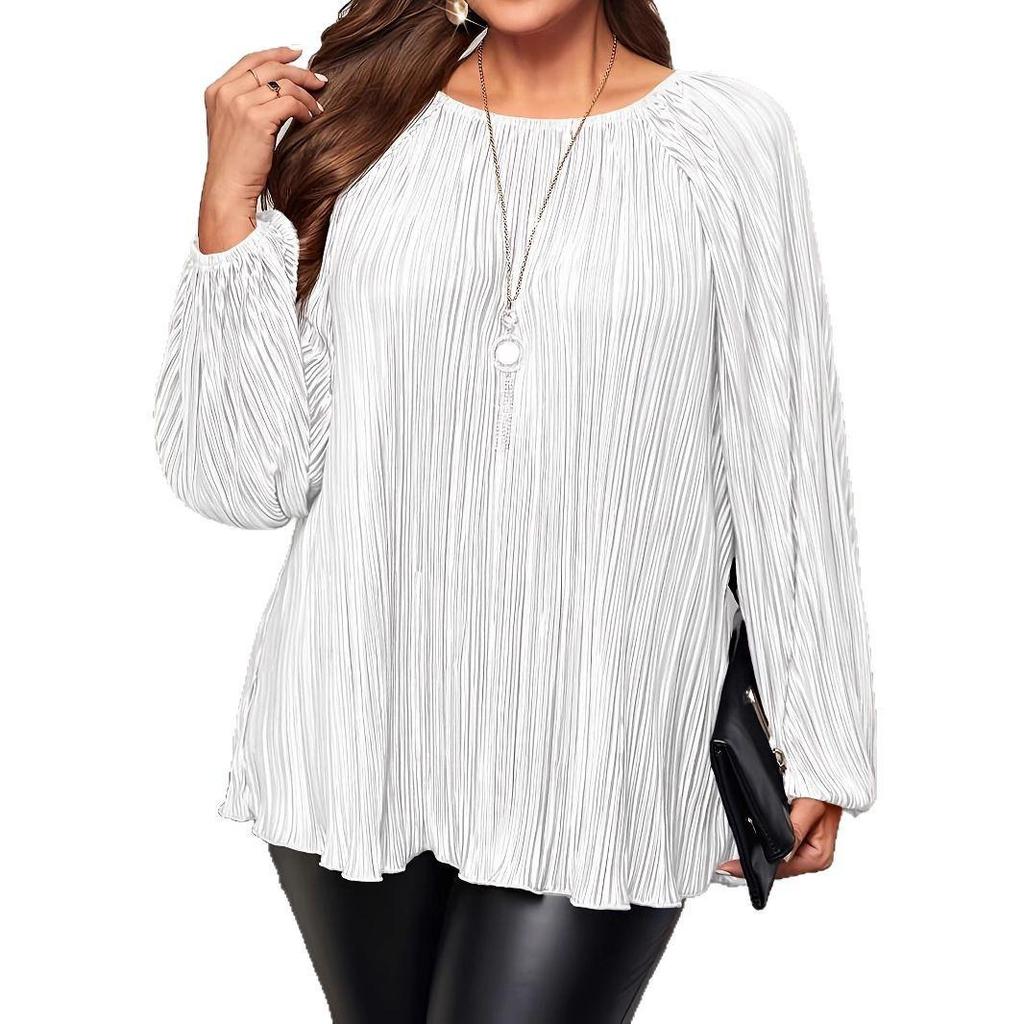 2025 Spring/Summer Plus Size Loose Casual Pearlescent Pleated Long Sleeve Fashion Top for Women