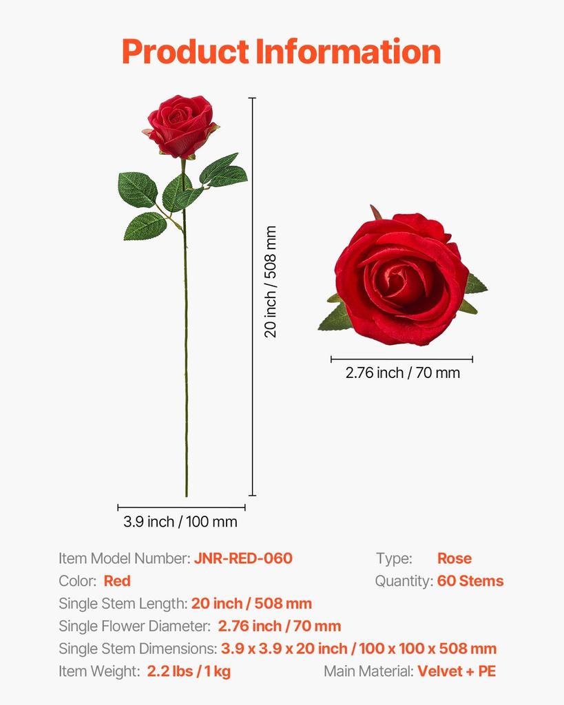 VEVOR Artificial Flowers, 60 Pcs Real Looking Red Foam Fake Roses Bulk, Faux Red Bridal Shower with Stems for DIY Wedding Bouquets