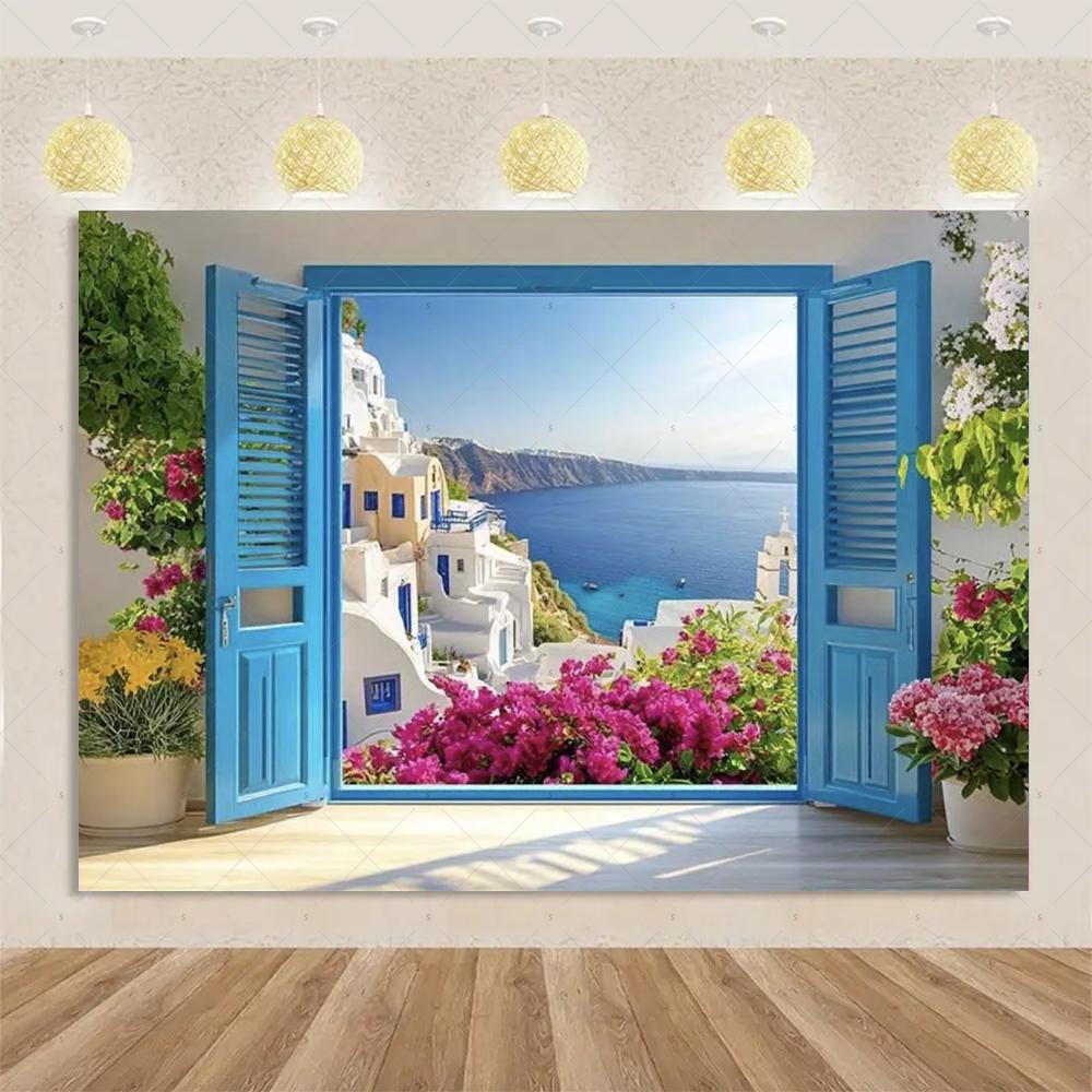 Nordische Griechische Landschaft Hausparty Dekorationen Inselstadt Santorin Blaue Kuppel Kirche Ägäis von Santorin Fotografie Hintergrund