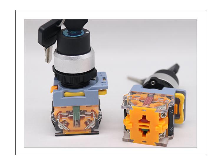 Two-Position Key Rotary Switch, Model LA155B-11Y/2, On/Off, Thickened Copper Parts, Silver Contacts, 22mm Hole.