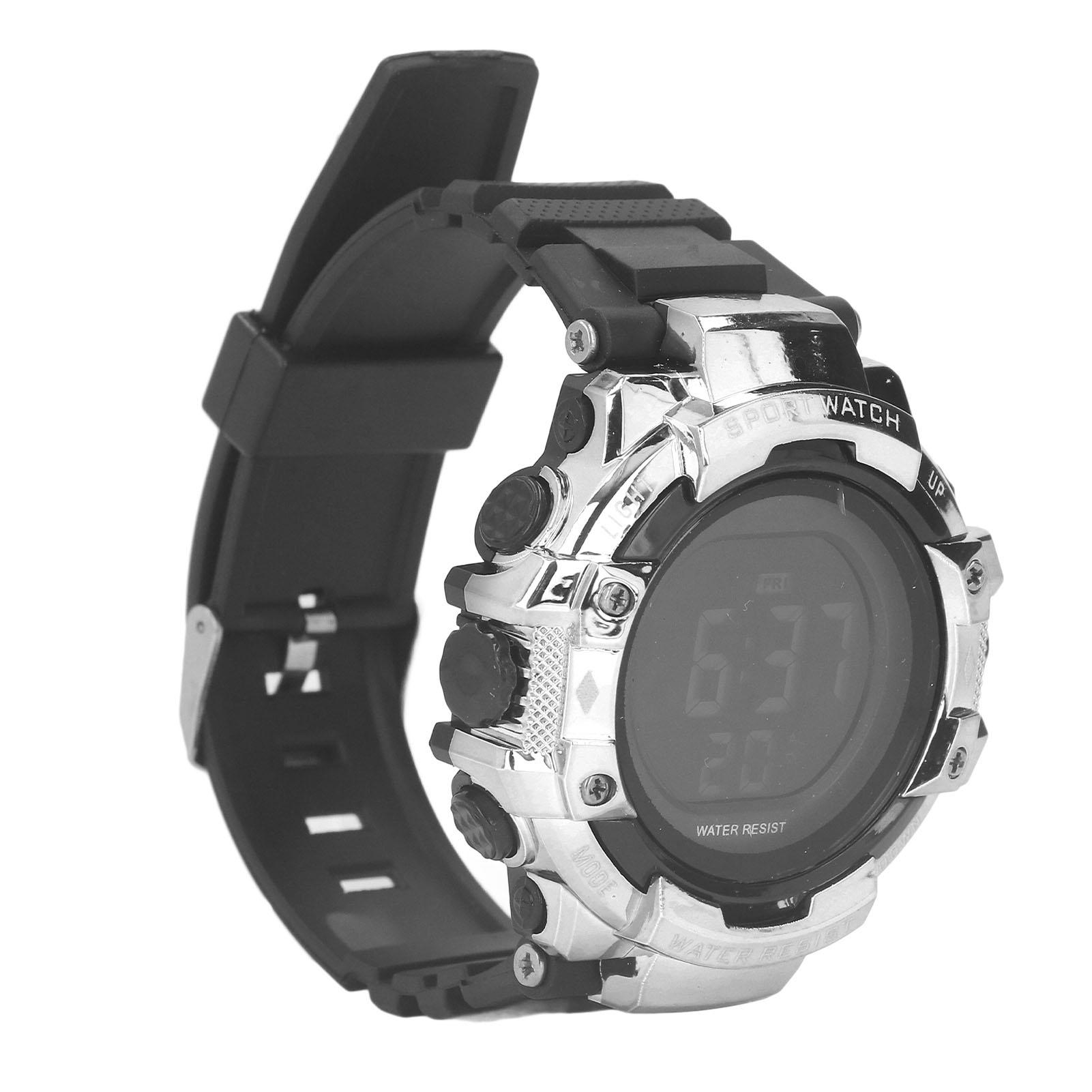 

Спортивные часы Цифровые часы Большой светодиодный экран Подсветка Водонепроницаемость 5 бар Дата Будильник Хронограф Наручные часы для мужчин серебряный