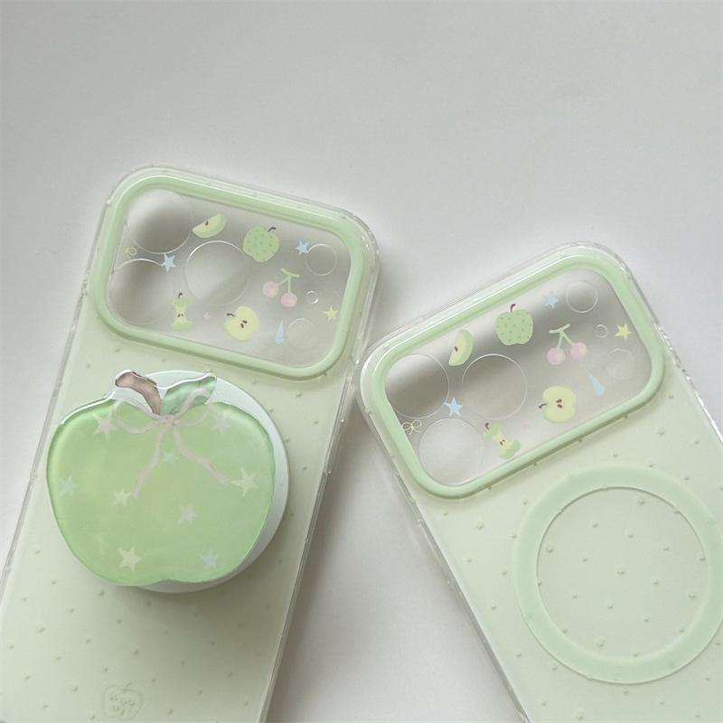 Summer Green Polka Dot Magnetic Stand & Double Layer Phone Case for iPhone 14, 15, 16, 17 Pro Max