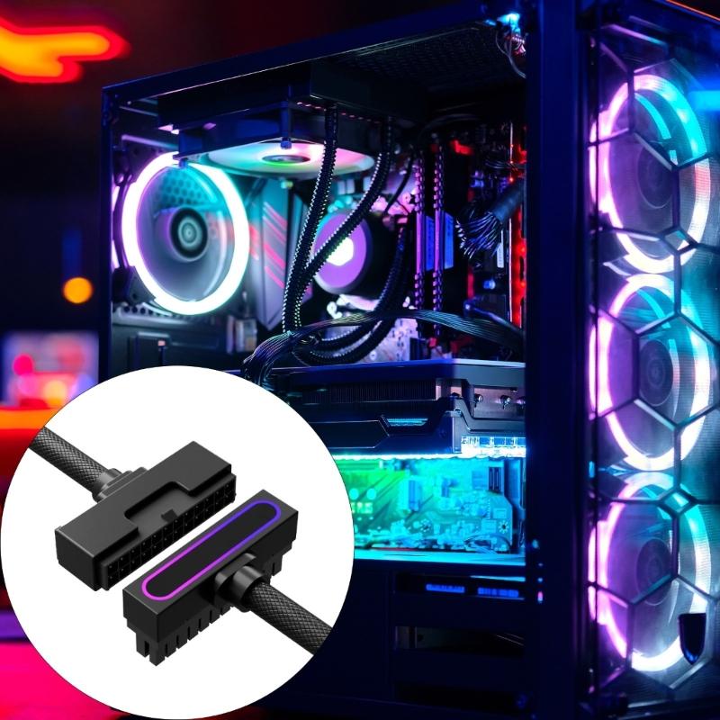 90 Degree Angled Power Extension Cable 24PIN PC Extension Cable Connection ARGB Synchronization for PC Motherboard