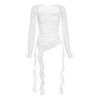 Streetwear Jellyfish Mesh Belt T-Shirt Elf Long Sleeve Korean Y2K Ins Slim Fit Crop Tops Unusual Pleated Collar