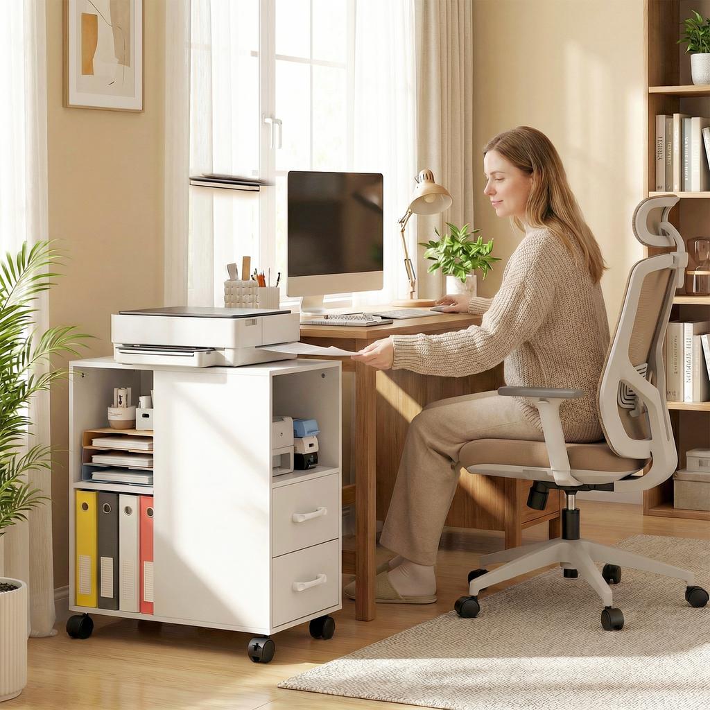 Printer Stand, Rolling Storage Unit, Drawers, Adjustable Shelf, Open Compartment, White