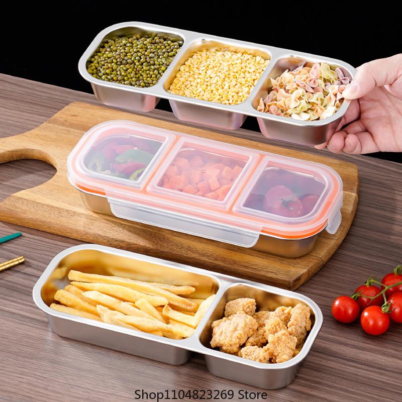 Wiederverwendbare Gewürzbox mit Deckel, Edelstahl-Snackbehälter, 3-fach unterteilte Saucenbecher, unterteilter Lebensmittelaufbewahrungsbehälter